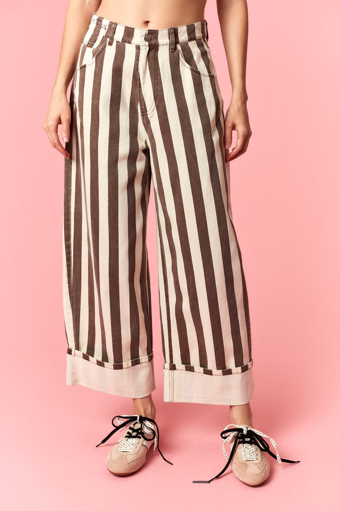 Pants Stripe Rolled Up Barrel Printed Jeans