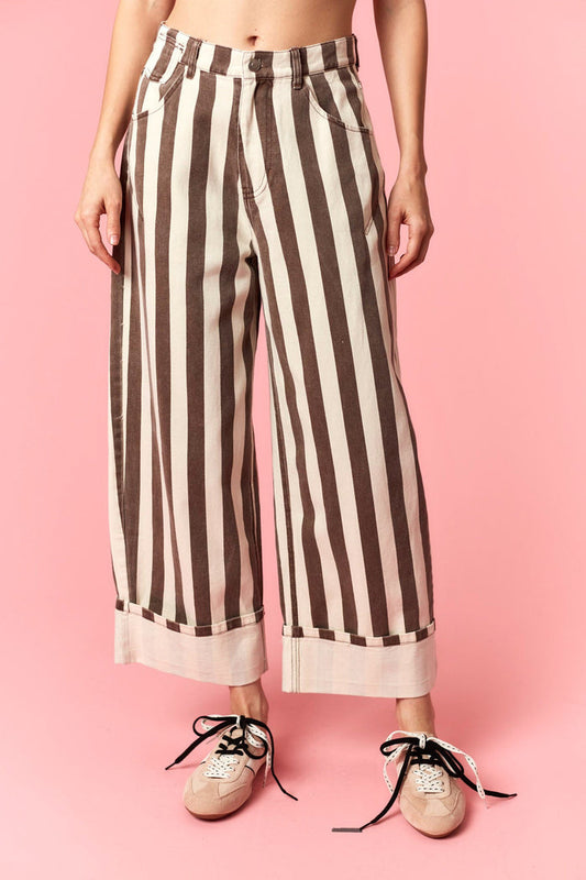 Pants Stripe Rolled Up Barrel Printed Jeans