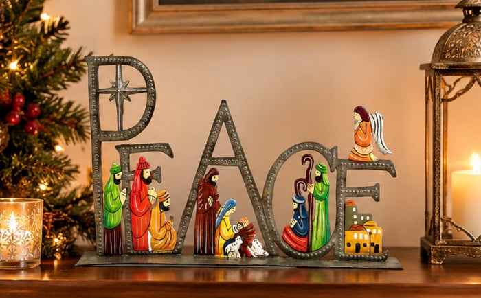 Peace nativity painted hand-hammered recycled steel drum Haiti 18 inch — fair trade Christmas display boutique