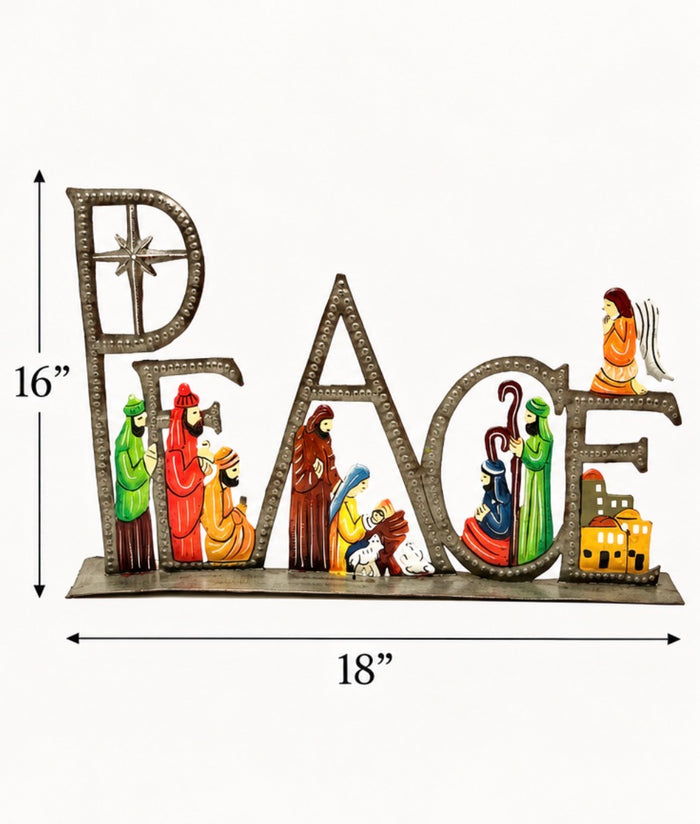 Haitian metal art peace nativity brushed steel painted large — wholesale church gift shop faith retailer fair trade