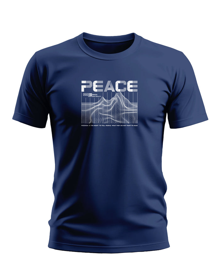 Navy blue men's graphic T-shirt with 'PEACE' text and geometric line design on chest