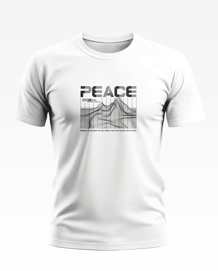 White men's t-shirt with PEACE text and abstract line art graphic on front