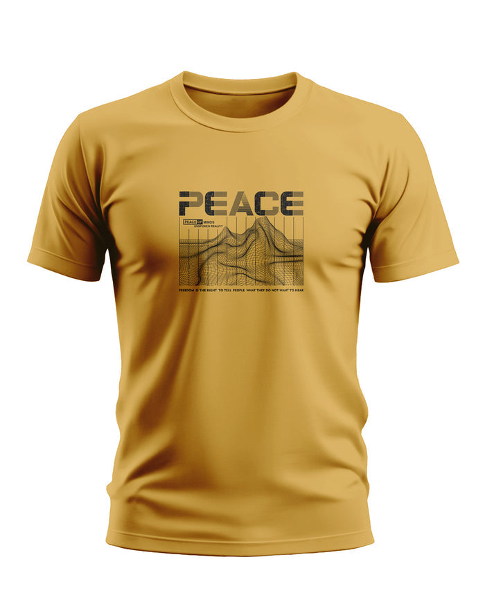 Yellow men's t-shirt with 'PEACE' text and abstract graphic on front, modern casual style