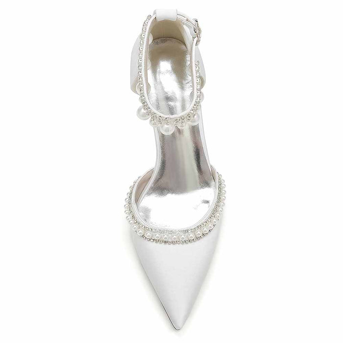 S&DCo. pearl embellished satin high heels with elegant pointed toe and ankle strap design