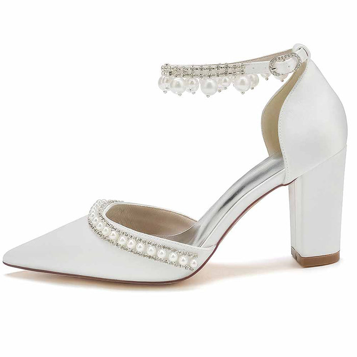 S&DCo. pearl embellished satin high heels with a pointed toe and pearl ankle strap