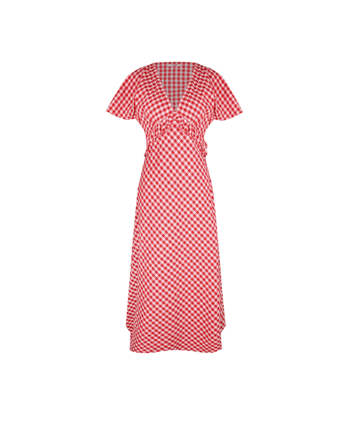 PETAL RUFFLE MIDI DRESS RED LILAC TARTAN