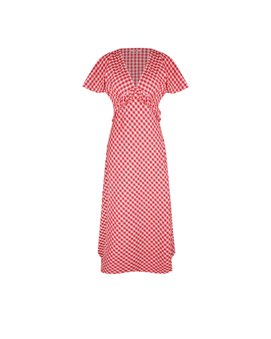 PETAL RUFFLE MIDI DRESS RED LILAC TARTAN