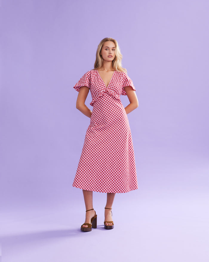 PETAL RUFFLE MIDI DRESS RED LILAC TARTAN
