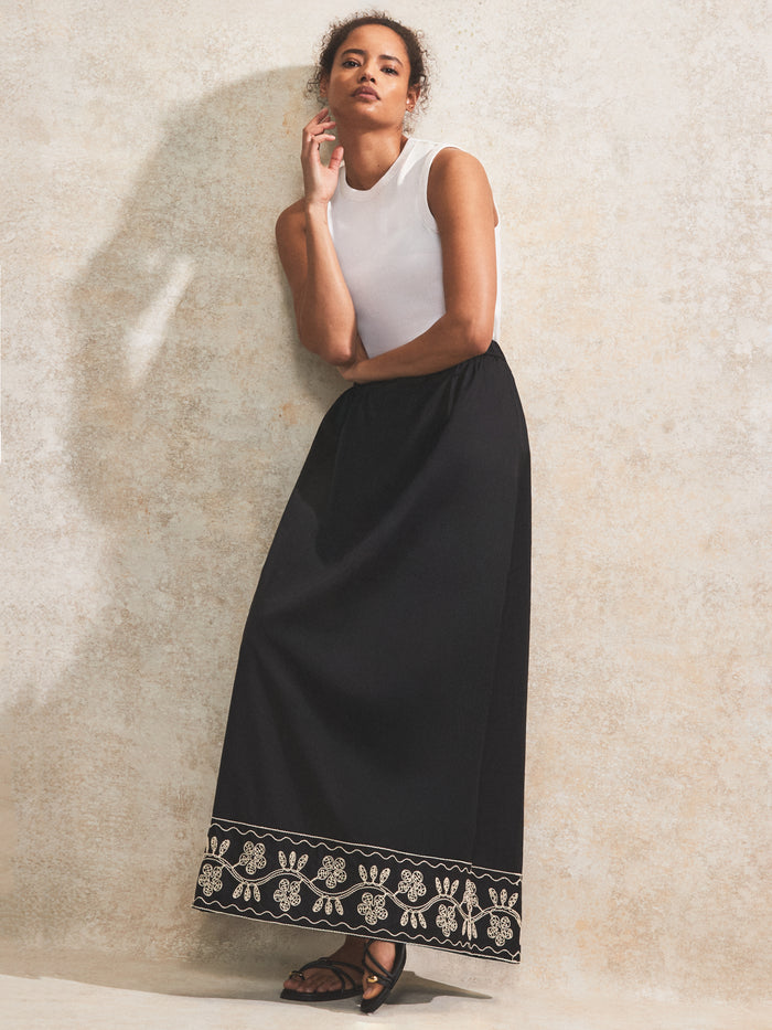 Petite Black Embroidered Maxi Skirt