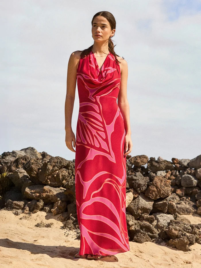Emilia Red Floral Halter Neck Dress