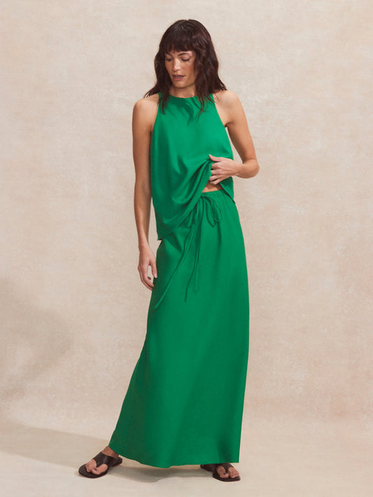 Petite Green Linen-Blend Bias-Cut Maxi Skirt