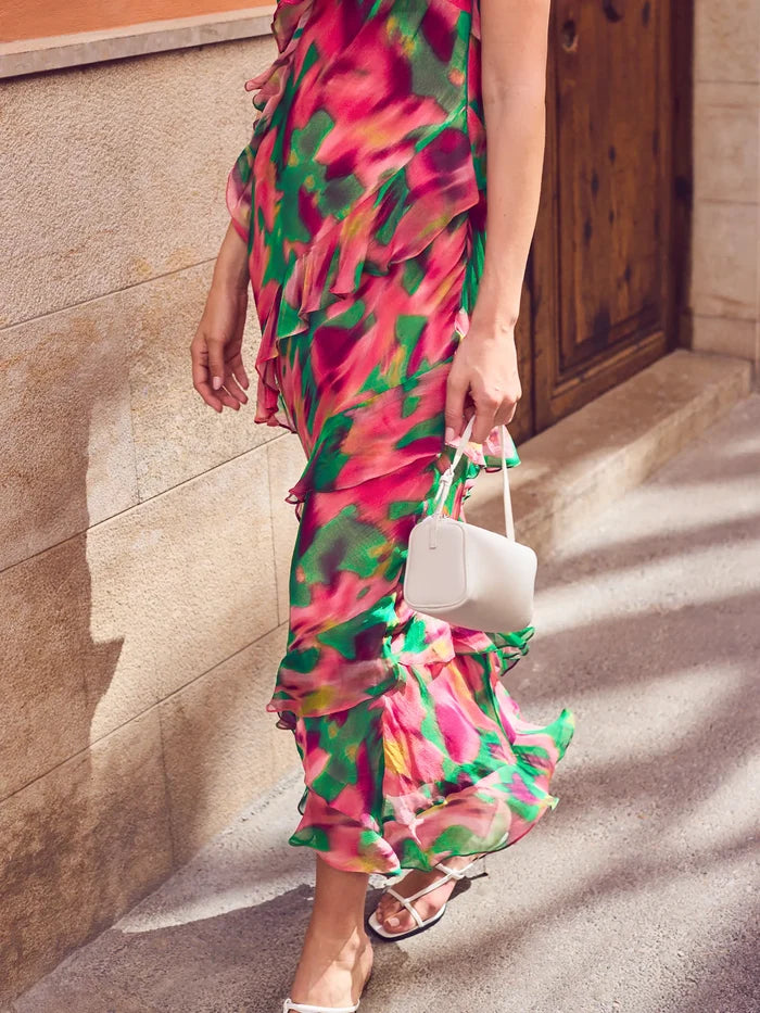 Petite Layla Pink Blurred Floral Ruffle Dress