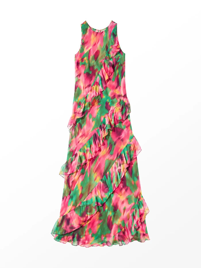 Layla Pink Blurred Floral Ruffle Dress Occasionwear