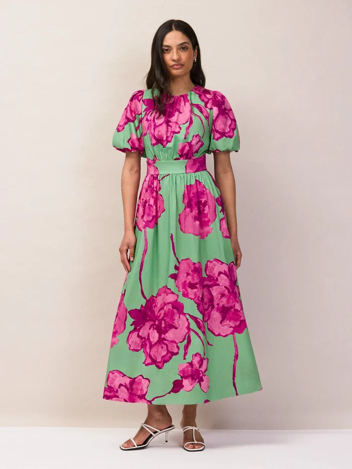 Seraphina Pink And Green Floral Puff Sleeve Dress Occasionwear Dress Modern