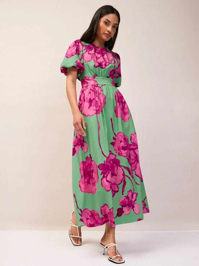 Seraphina Pink And Green Floral Puff Sleeve Dress Occasionwear Dress Modern
