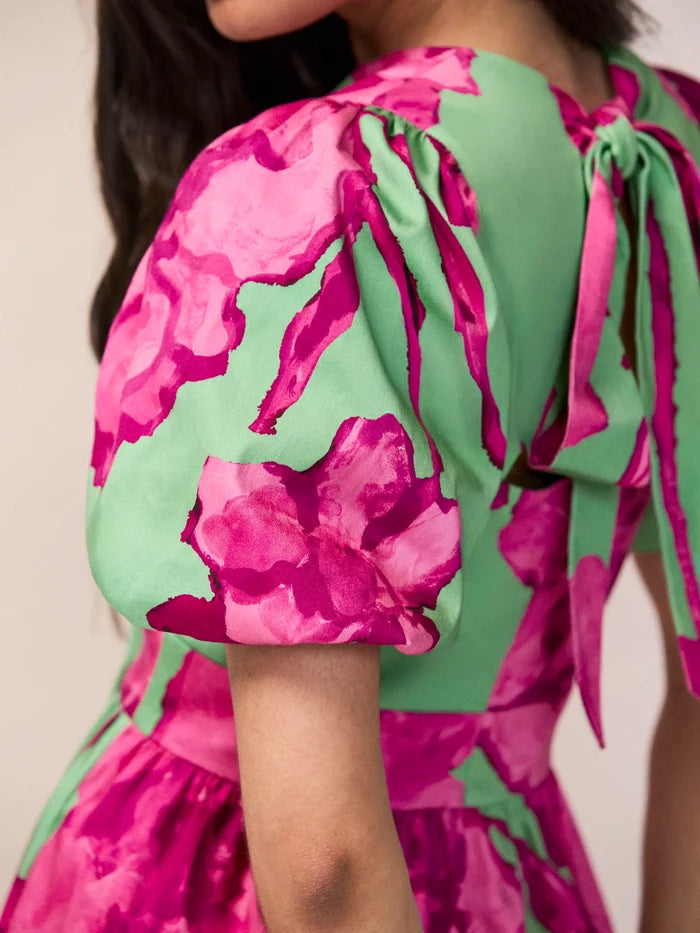 Seraphina Pink And Green Floral Puff Sleeve Dress Occasionwear Dress Modern