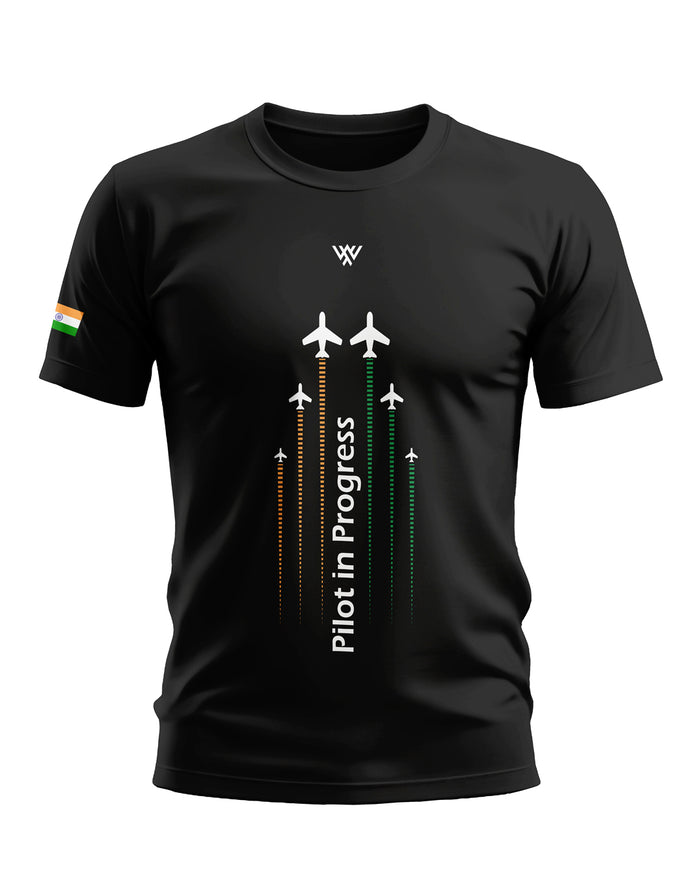 Black men's t-shirt with 'Pilot in Progress' text, jet graphics, and Indian flag sleeve patch