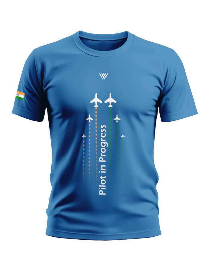 Blue men's t-shirt with 'Pilot in Progress' text, airplane graphics, and Indian flag sleeve patch