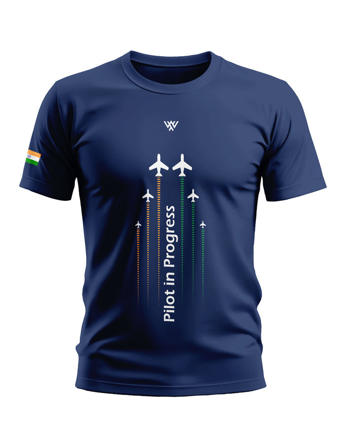 Navy blue t-shirt with airplane graphics, 'Pilot in Progress' text, and Indian flag sleeve patch