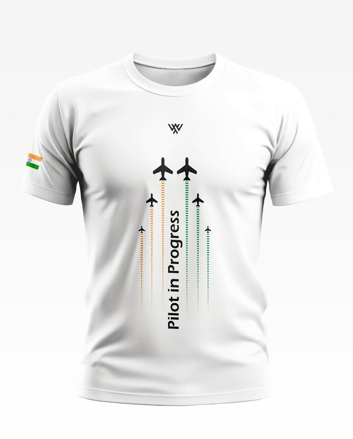 White men's t-shirt with 'Pilot in Progress' text, jet graphics, and Indian flag on sleeve