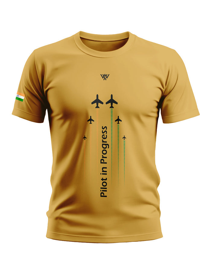 Yellow men's t-shirt with 'Pilot in Progress' text, jet plane graphics, and Indian flag sleeve patch