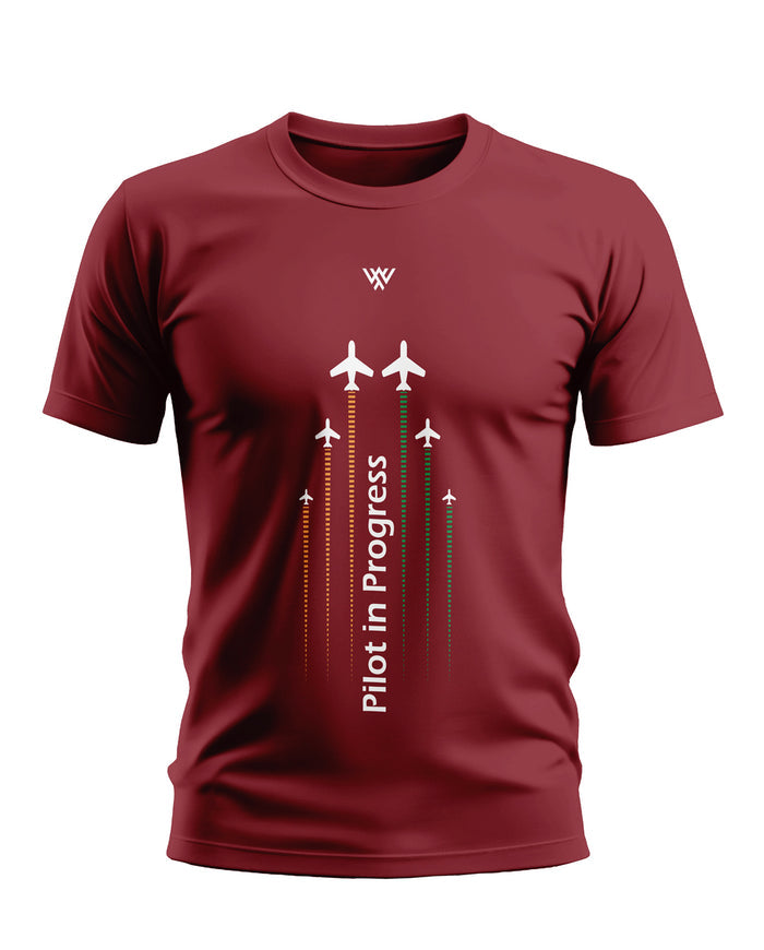 Maroon men's t-shirt with 'Pilot in Progress' text and airplane graphic design