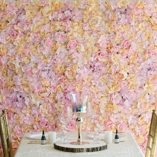Elegant floral backdrop with pink and cream roses for event decor.