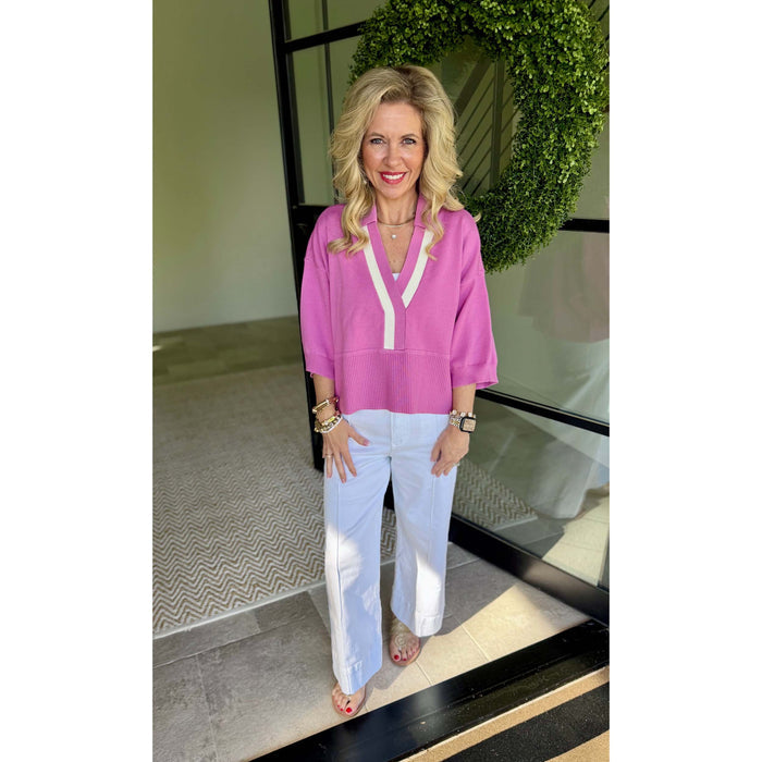 Pink Contrast Trim Sweater – Loose Fit V-Neck Knit Top - 9684