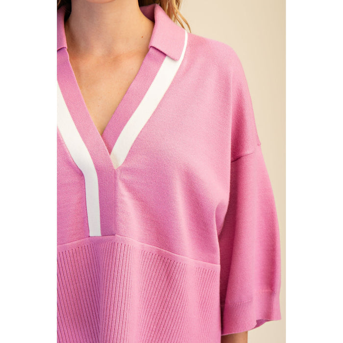 Pink Contrast Trim Sweater – Loose Fit V-Neck Knit Top - 9684