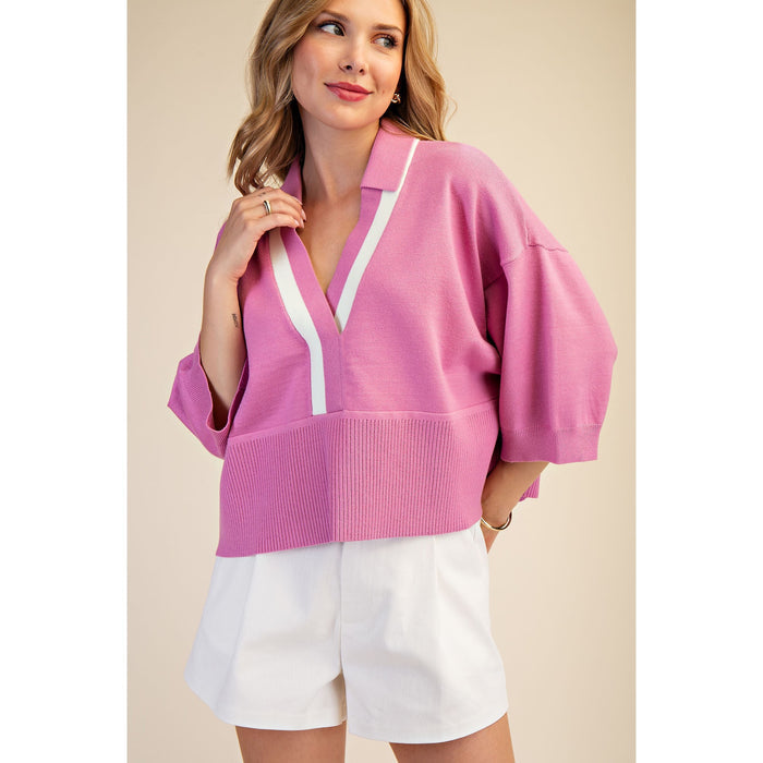Pink Contrast Trim Sweater – Loose Fit V-Neck Knit Top - 9684