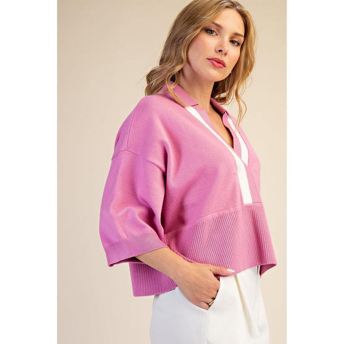 Pink Contrast Trim Sweater – Loose Fit V-Neck Knit Top - 9684