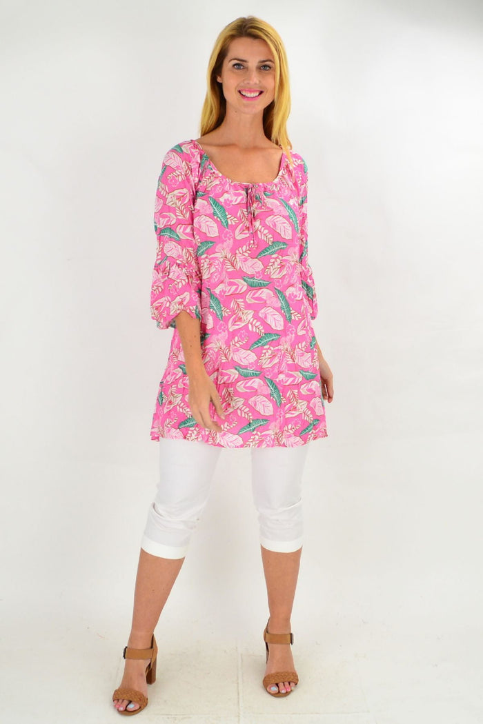 Pink floaty leaf crinkle tunic top by Hourglass, soft summer fabric with a relaxed fit and leaf print design.