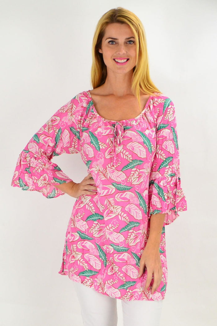 Pink floaty leaf crinkle tunic top by Hourglass, soft summer sleeveless blouse with relaxed fit and lightweight fabric.