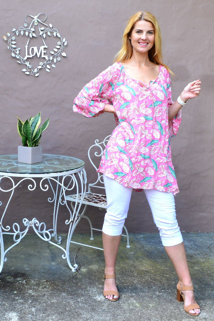 Pink floaty leaf crinkle tunic top by Hourglass, lightweight summer tunic with relaxed fit and soft fabric.