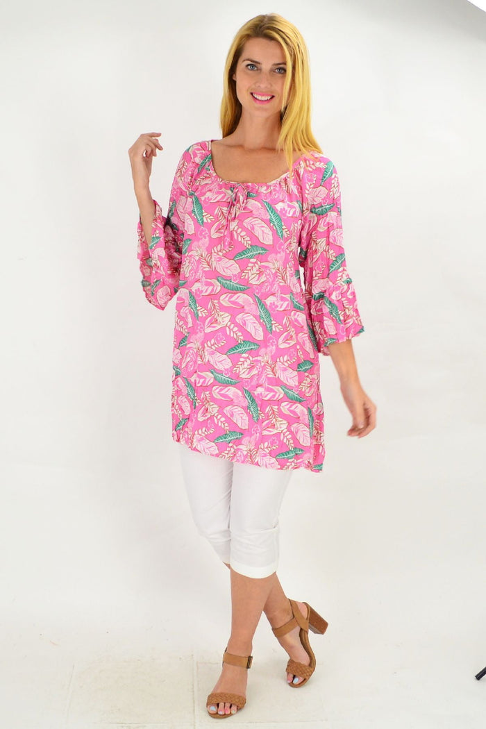 Pink floaty leaf crinkle tunic top by Hourglass, soft summer fabric with a relaxed fit and leaf pattern, perfect for casual wear.
