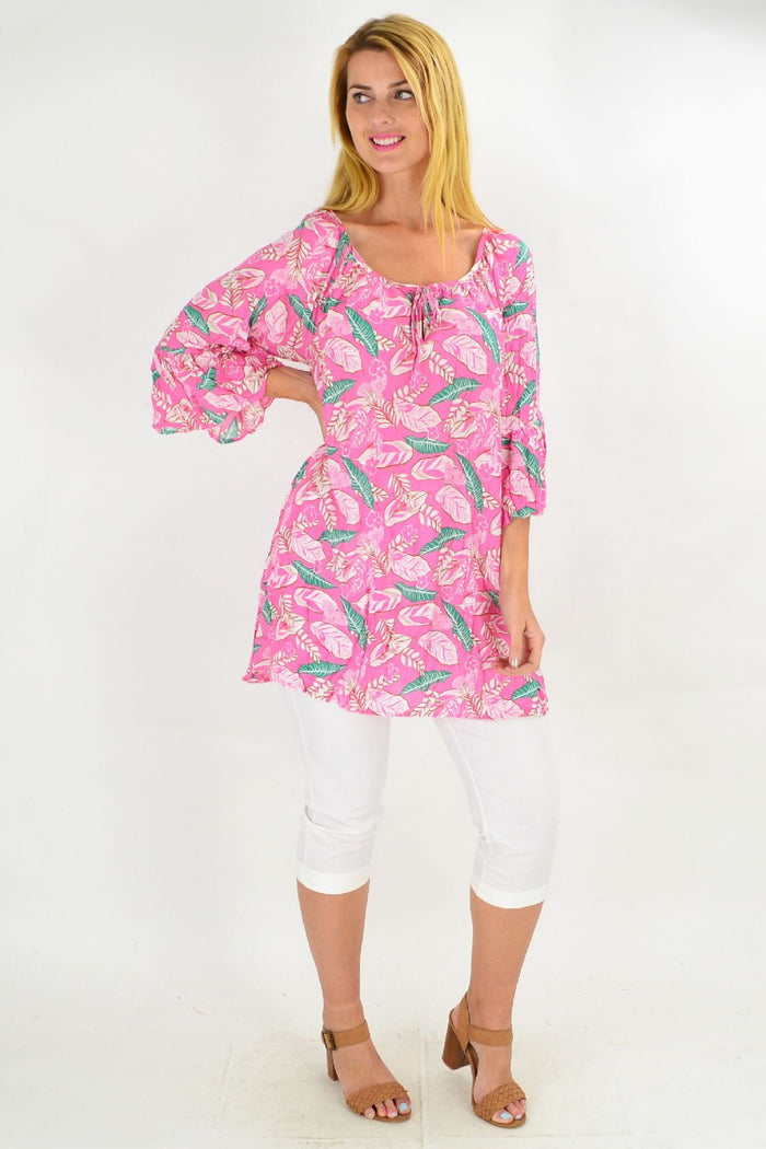 Pink floaty leaf crinkle tunic top by Hourglass, soft summer fabric with a relaxed fit and leafy pattern, perfect for casual wear.