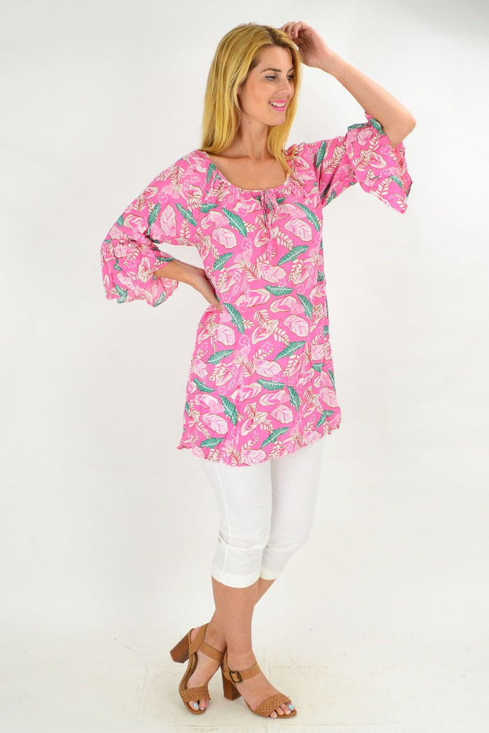 Pink floaty leaf crinkle tunic top from Hourglass with lightweight, airy fabric perfect for summer wear.