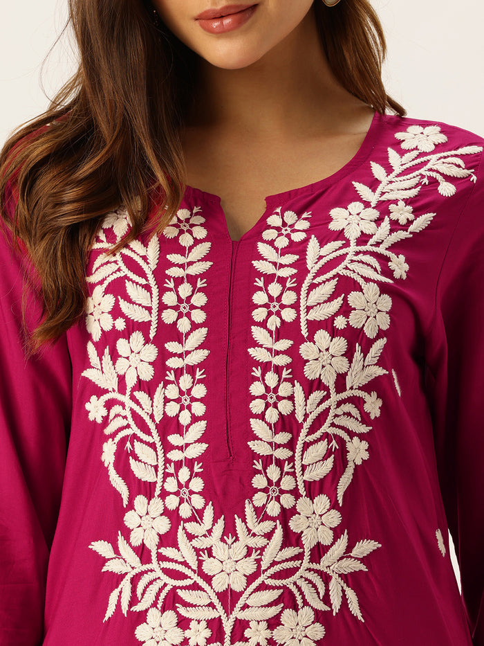 Pink Floral Embroidered Straight Kurta