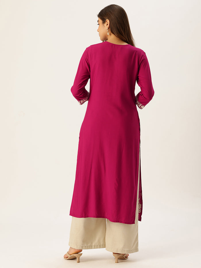 Pink Floral Embroidered Straight Kurta