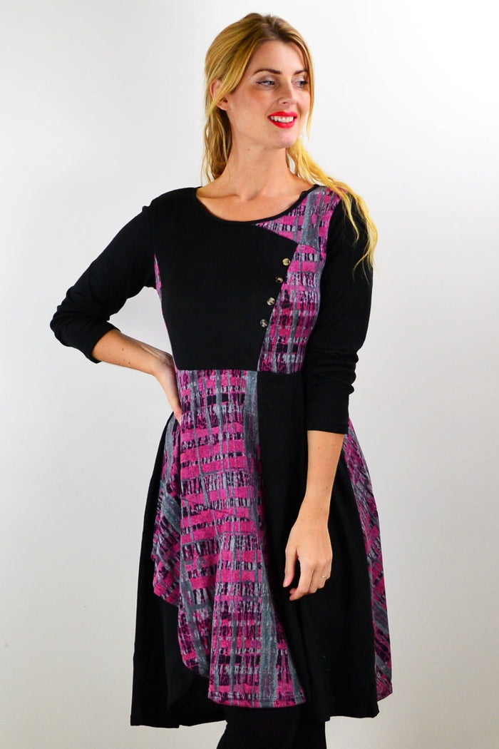 Pink and grey abstract print tunic dress by Hourglass, featuring a stylish flowy design and lightweight fabric.