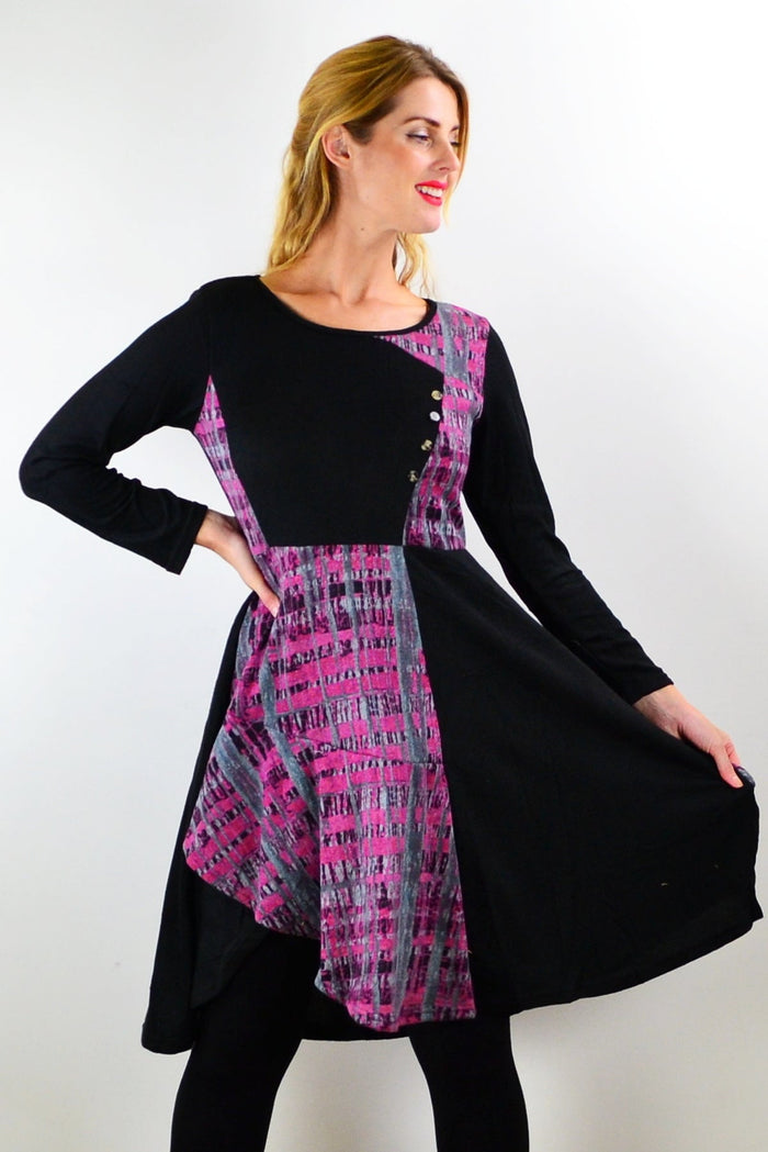 Pink and grey abstract print tunic dress by Hourglass, featuring a relaxed fit and stylish design, shown on a model.