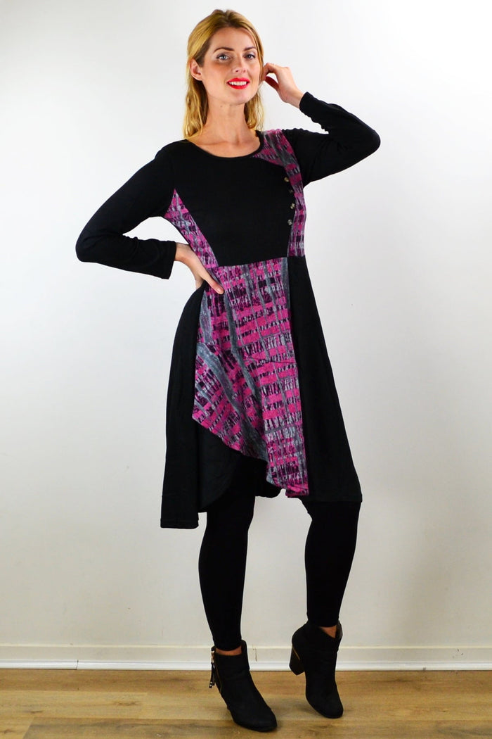 Pink and grey abstract print tunic dress by Hourglass, featuring a relaxed fit and stylish design, displayed on a hanger.