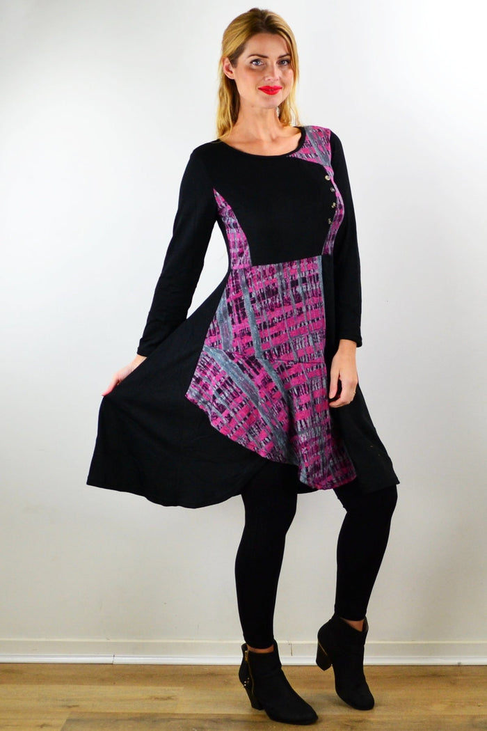 Pink and grey abstract print tunic dress by Hourglass, featuring a relaxed fit and stylish design, shown on a model.