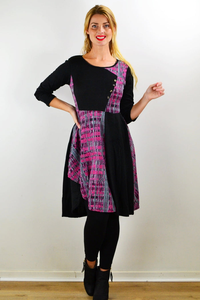 Pink and grey abstract print tunic dress by Hourglass, showcasing a stylish and comfortable design with vibrant colors and modern pattern.