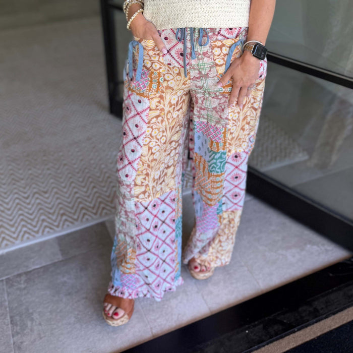 Pink Latte, Patchwork Print Wide Leg Pants 7958