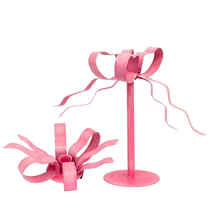 Pink Ribbon Taper Candle Holder Set