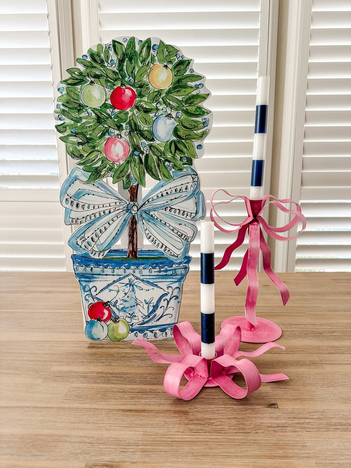 Pink Ribbon Taper Candle Holder Set