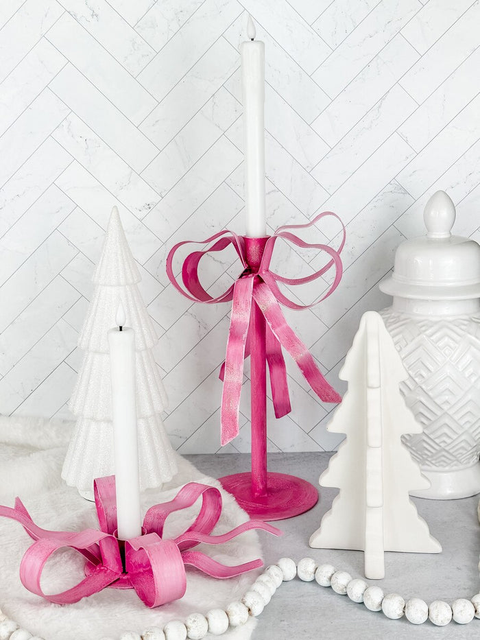 Pink Ribbon Taper Candle Holder Set