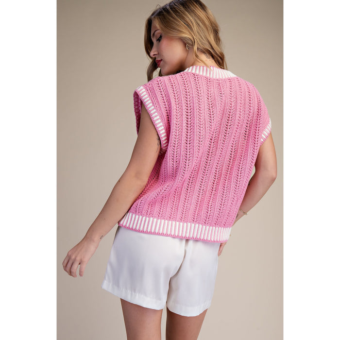Pink Stripe Sleeveless Button-Down Sweater Vest 9677