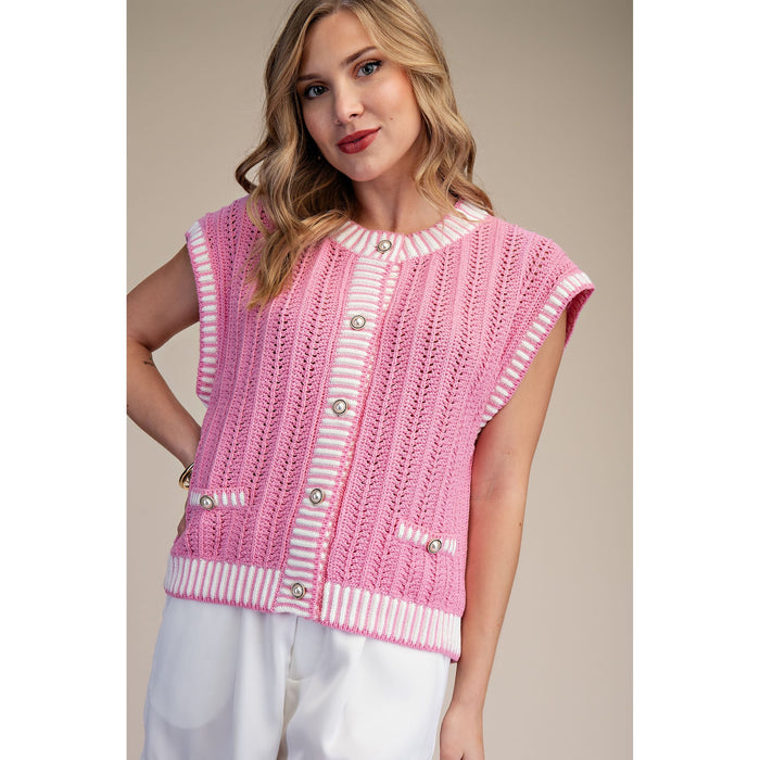 Pink Stripe Sleeveless Button-Down Sweater Vest 9677